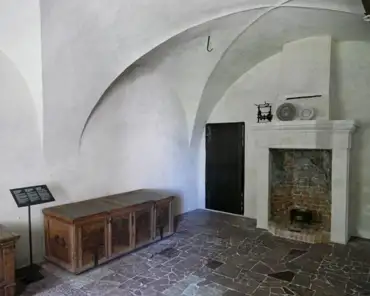 P1110800 Hall, original 17th century stone pavement and fireplace. Renaissance chairs and Danish chest.