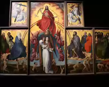 IMG_4055 Saint Michael weights souls below Jesus sitting on a rainbow. Mary and Saint John the Baptist are standing next to Saint Michael.