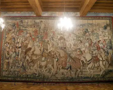 P1060887 Tapestry 3: the horsemen prepare to besiege the town of Rabbah. Soldiers are waiting for their officier, Uriah.