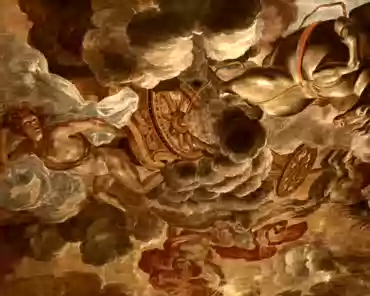 IMG_8517 Main room, known as the Phaeton room. The ceiling painting depicts the fall of Phaeton struck by Jupiter. Genoa school, late 17th century.