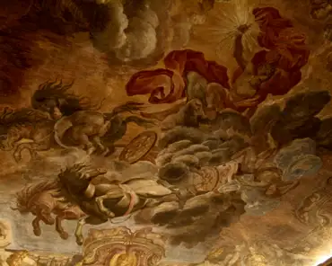 IMG_8518 Main room, known as the Phaeton room. The ceiling painting depicts the fall of Phaeton struck by Jupiter. Genoa school, late 17th century.