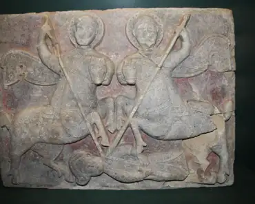 img_1902 Relief limestone slab from the exterior decoration of a church in Amaseia, Asia Minor. Two military saints (Theodore and George) thrust their spear into a fow;...