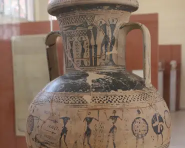 IMG_7484 Amphora of the geometric period with a continuous, narrative event. On the neck of the vessel is a scene of prothesis (layout out of the body for a funeral). On...
