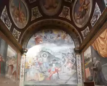 IMG_1871_stitch Carreto chapel, predication of Saint Stepen (left), martyrdom of Saint Stephen (center), Francesco Carreto (right), by Evangelista Luini, ca. 1550.