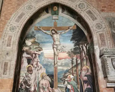 IMG_20230720_191025 B. Bernardi, Lunette of the Crucifix, Saint Jerome and Saint John the Baptist adoring the Crucifix, fresco, early 16th century.