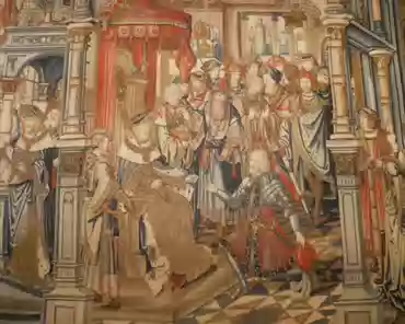 P1060889 Tapestry 5: Uriah, summoned by David, is sent to his death. Bathsheba is pregnant by David. In order to get rid of her husband Uriah, David summons him and asks...