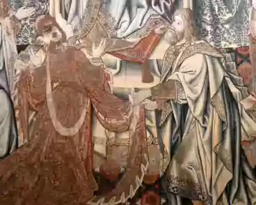 P1060891 Tapestry 6: Bathsheba is greeted at the court. David, sitting on his throne, greets Bathsheba, who begs protection for her fatherless-to-be child.