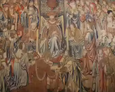 P1060892 Tapestry 6: Bathsheba is greeted at the court. David, sitting on his throne, greets Bathsheba, who begs protection for her fatherless-to-be child.