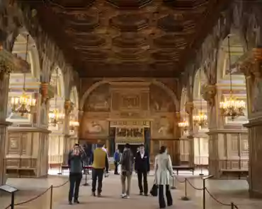 IMG_0740 The ballroom was started by François I and completed by his son Henri II. The wall frescoes were imagined by Primatice and painted by Nicolo dell' Abbate...