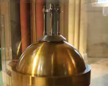 IMG_6382 Foucault's pendulum, 1851. The brass sphere weighs 28kg and was used by Foucault in the Pantheon to demonstrate the rotation of Earth.