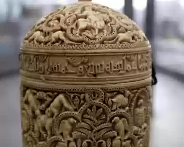 IMG_4052 Al-Mughira’s pyxis, Spain, Cordoba. Ivory, carved and engraved decoration This box was made for the youngest son of the caliph ‘Abd al-Rahman III, and was...