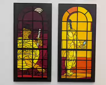 PXL_20240218_144111461 Valerio Adami, paintings depicting stained glass windows ordered by the city of Vitry-sur-Sein for the new city hall, 1983.