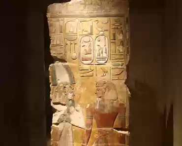 IMG_6361 Fragment of a pillar: king Seti I in front of god Osiris, ca. 1290 BC, limestone.