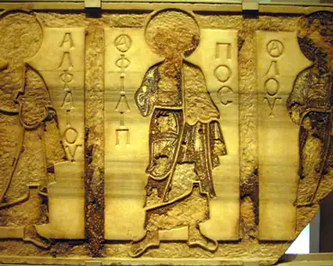 pc070037 Marble slab, Apostles James, Philip, Luke, from Blatadon monastery, Thessaloniki, 10th century.
