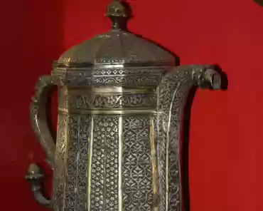 IMG_3683 Chaidan, Kashmir, 17th century: teapot of copper, parcel gilt, 12 sided and ornamented with diaper and floral patterns copied by Messrs. Elkington & Co, London,...