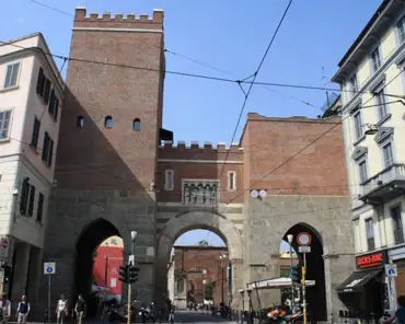 IMG_1489 Porta Ticinese, a city gate created in 1171, rebuilt after 1329 and renovated in 1861-1865. It originally consisted of 2 brick towers (one is partially...