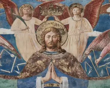 IMG_20230727_080341 Benozzo Gozzoli, Votive fresco for San Sebastian, 1464. San Sebastian protects the people of San Gimignano from the arrows of God's anger (a symbol of the...