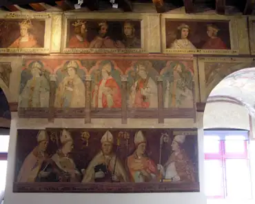 p2070296 Indoor fresco: more Trento bishops (bottom) with matching ruling emperor and pope. Painted 15-18th centuries.