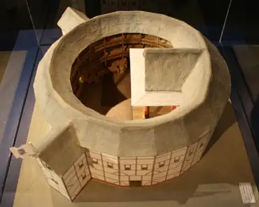 IMG_6227 Model of the Globe theater. The Globe theater was Shakespeare's venue. It was destroyed in 1613 by a fire. It was rebuilt in 1997 a few hundred meters off the...