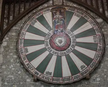 P1020736 The round table was made in the 13th century. The original purpose is unknown. The table is 5.5m wide and weighs over one tonne. It originally had 12 legs and...