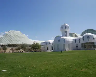P1080862 Biosphere 2 was built between 1987 and 1991 at a cost of $150 million. Two missions, in 1991 and 1994, saw crew members sealed inside the glass enclosure to...
