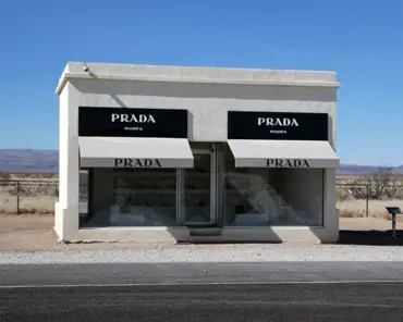 P1020055 Prada MArfa, by Elmgreen & Dragset, 2005. The structure includes luxury goods from the fall 2005 collection. The building is an artwork, not a store.